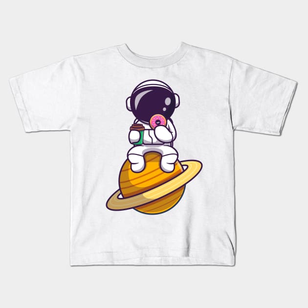 Cute Astronaut Eating Doughnut And Holding Coffee Cup On Planet Cartoon Kids T-Shirt by Catalyst Labs